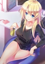 Rule 34 | 10s, 1girl, alternate breast size, ame wa a ga tsutano?, beer can, black shirt, blonde hair, blue eyes, blurry, breasts, can, cleavage, closed mouth, covered erect nipples, crossed legs, depth of field, desk, drink can, eyebrows, eyelashes, from above, hair between eyes, holding, id card, large breasts, lens flare, light particles, long hair, long sleeves, monitor, new game!, shade, shiny skin, shirt, sitting, smile, solo, stole, yagami kou