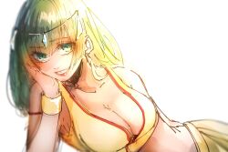 Rule 34 | 1girl, bare shoulders, bracelet, breasts, cleavage, commentary request, earrings, ganesha (vocaloid), green eyes, green hair, grin, gumi, hand on own face, head rest, jewelry, lips, looking at viewer, lying, medium breasts, medium hair, midriff, smile, solo, suama (suama-333), tagme, vocaloid