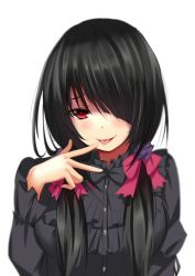Rule 34 | 10s, 1girl, bad id, bad pixiv id, black dress, black hair, date a live, dress, hair ornament, hair over one eye, hair ribbon, hand on own face, highres, long hair, purple ribbon, qingchen (694757286), red eyes, red ribbon, ribbon, simple background, solo, tokisaki kurumi, tongue, tongue out, upper body, white background