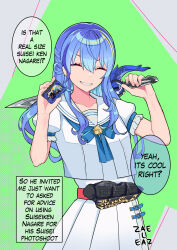 Rule 34 | 1boy, belt, blue bow, blue bowtie, blue hair, bow, bowtie, closed eyes, commentary, cosplay, crossdressing, english commentary, english text, grin, highres, holding, holding sword, holding weapon, hololive, hoshimachi suisei, hoshimachi suisei (cosplay), hoshimachi suisei (school uniform), jaheterbang, kamen rider, kamen rider saber (series), long hair, name connection, object namesake, pleated skirt, pov, puffy short sleeves, puffy sleeves, sailor collar, shirt, short sleeves, skirt, smile, solo, sword, tokusatsu, trap, virtual youtuber, weapon, weapon across shoulders, white sailor collar, white shirt, white skirt