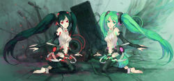 Rule 34 | 2girls, bare shoulders, barefoot, black hair, black thighhighs, dual persona, elbow gloves, gloves, green eyes, green hair, hair ornament, hatsune miku, hatsune miku (append), highres, long hair, microphone, multiple girls, nemo (leafnight), red eyes, symmetry, thighhighs, twintails, very long hair, vocaloid, vocaloid append, zatsune miku