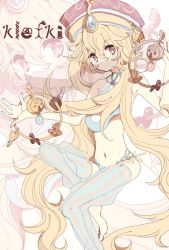 Rule 34 | 10s, 1girl, alternate color, arabian clothes, bare arms, bare shoulders, barefoot, blonde hair, blue thighhighs, character name, closed eyes, commentary request, creature and personification, creatures (company), dancer, dot mouth, english text, game freak, gen 6 pokemon, groin, hair between eyes, harem outfit, harem pants, headdress, highres, jewelry, key, charm (object), klefki, long hair, midriff, mouth veil, multicolored clothes, multicolored legwear, nail polish, navel, necklace, nintendo, outstretched arms, pants, pastel colors, personification, pink background, pink nails, pink thighhighs, pokemon, pokemon (creature), shiny clothes, shiny pokemon, sidelocks, solo, star-shaped pupils, star (symbol), stomach, strap, striped clothes, striped thighhighs, symbol-shaped pupils, tareme, thighhighs, toes, uenoike (194753), veil, very long hair