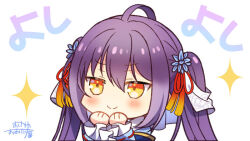 Rule 34 | 1girl, ahoge, blue flower, blush, chibi, closed mouth, commentary request, flower, frilled sleeves, frills, hachisuka kotetsu (tenka hyakken), hair flower, hair ornament, hand on own chin, hands on own face, hands up, long hair, long sleeves, looking at viewer, okanoyuno, portrait, purple hair, simple background, smile, solo, sparkle, split mouth, tassel, tenka hyakken, translation request, twintails, upper body, white background, yellow eyes