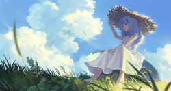 Rule 34 | 1girl, adjusting clothes, adjusting headwear, alternate costume, alternate hairstyle, blue eyes, blue hair, blue sky, closed mouth, cloud, commentary, dress, english commentary, etta, full body, gawr gura, hair down, hat, highres, hololive, hololive english, landscape, long hair, multicolored hair, on rock, outdoors, sandals, silver hair, sitting, sky, smile, solo, straw hat, streaked hair, sun hat, sundress, virtual youtuber, white dress
