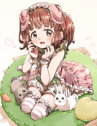 Rule 34 | 1girl, :d, animal, brown eyes, brown hair, commentary request, dress, frilled dress, frilled hairband, frilled thighhighs, frills, full body, hairband, hands up, heart, heart-shaped pillow, idolmaster, idolmaster cinderella girls, looking at viewer, ogata chieri, open mouth, pillow, pink dress, pink hairband, rabbit, smile, solo, striped clothes, striped thighhighs, thighhighs, twintails, white background, wrist cuffs, yukie (kusaka shi)