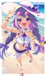 1girl beach bikini bracelet braid eskimofox eyewear_on_head food frilled_bikini frills grey_hair hat highres hololive hololive_english jewelry koseki_bijou long_hair ocean pebble popsicle purple_eyes sandals sarong sun_hat sunglasses swimsuit twin_braids virtual_youtuber watermelon_bar