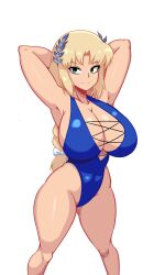 Rule 34 | 1girl, absurdres, armpits, arms behind head, bandai namco, blonde hair, breasts, cleavage, covered navel, green eyes, highres, huge breasts, iggybomb, legs, long hair, mature female, one-piece swimsuit, seductive smile, smile, sophitia alexandra, soul calibur, swimsuit, thick thighs, thighs