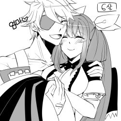 Rule 34 | arc system works, breasts, carrying, choker, dizzy (guilty gear), dress, eyepatch, closed eyes, greyscale, guilty gear, guilty gear xrd, hair ribbon, large breasts, long hair, maid, monochrome, mother and son, ribbon, s2cikn (yuzu), sin kiske, smile