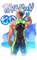 Rule 34 | 1boy, absurdres, ass, bodysuit, closed mouth, commentary request, copyright name, creatures (company), facial hair, from behind, game freak, gen 1 pokemon, highres, holding, holding poke ball, looking to the side, male focus, multicolored hair, nintendo, on shoulder, p!k@ru, poke ball, poke ball (basic), pokemon, pokemon (creature), pokemon go, pokemon on shoulder, simple background, sketch, skin tight, squirtle, two-tone hair, undercut, white background, white hair, willow (pokemon)