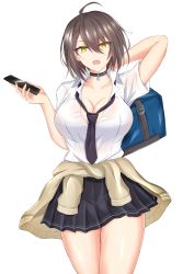 Rule 34 | 1girl, ahoge, arm up, azur lane, bag, baltimore (after-school ace) (azur lane), baltimore (azur lane), beige jacket, black choker, black hair, black necktie, black skirt, breasts, cellphone, choker, cleavage, clothes around waist, collarbone, commentary request, copyright request, cowboy shot, hair between eyes, hand up, highres, holding, holding phone, jacket, jacket around waist, large breasts, looking at viewer, miniskirt, necktie, open mouth, phone, pleated skirt, shirt, short hair, short sleeves, simple background, skirt, smartphone, solo, standing, thighs, watarase piro, white background, white shirt, yellow eyes
