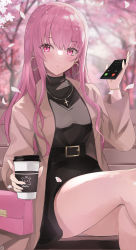Rule 34 | absurdres, bag, belt, breasts, casual, cellphone, cherry blossoms, closed mouth, coat, cross, cross necklace, crossed legs, dress, earrings, hair between eyes, handbag, highres, hololive, hololive english, hoop earrings, jewelry, large breasts, legs, long hair, looking at viewer, mori calliope, necklace, phone, pineapple (pine), pink eyes, pink hair, sidelocks, sitting, skirt, smartphone, sweater, sweater tucked in, trench coat, turtleneck, virtual youtuber