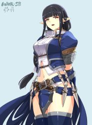Rule 34 | 1girl, absurdres, black hair, blue background, blue thighhighs, capcom, collared shirt, earrings, eyeshadow, floating hair, hair behind ear, highres, hinoa, ishiyumi, jewelry, long hair, low-tied long hair, makeup, monster hunter (series), monster hunter rise, navel, open mouth, pointy ears, red eyeshadow, shirt, smile, solo, thighhighs, white shirt, yellow eyes