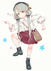 Rule 34 | 1girl, :o, bag, beret, black footwear, black hat, black ribbon, blouse, blush, boots, braid, braided bangs, brown eyes, collared shirt, commentary request, cross-laced footwear, fingernails, futaba channel, genba neko (meme), gomennasai, grey hair, hair ribbon, hat, highres, hisakawa nagi, idolmaster, idolmaster cinderella girls, lace-up boots, long hair, looking at viewer, low twintails, md5 mismatch, parted lips, pleated skirt, pointing, puffy short sleeves, puffy sleeves, red skirt, resolution mismatch, ribbon, shadow, shirt, short sleeves, shoulder bag, skirt, socks, solo, source larger, standing, standing on one leg, star (symbol), tiptoes, translation request, twintails, very long hair, white shirt, white socks