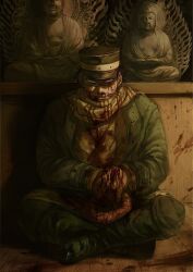 Rule 34 | 1boy, black footwear, black hair, blood, blood on clothes, blood splatter, boots, buddha, clenched teeth, coat, commentary request, full body, glaring, glowing, glowing eyes, golden kamuy, green coat, grimace, guro, half-closed eyes, hands on own stomach, hat, highres, indian style, indoors, intestines, kepi, long sleeves, looking at viewer, male focus, military hat, military uniform, on floor, open clothes, open coat, osakanaman 7, pants, parted lips, pink eyes, scar, scar on face, scarf, scene reference, shadow, short hair, sidelighting, sitting, skewer, solo, stab, statue, straight-on, striped clothes, striped scarf, sugimoto saichi, teeth, uniform, wooden floor, yellow haori, yellow scarf