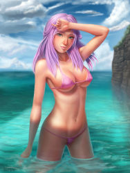 Rule 34 | 1girl, arm at side, arm up, artist name, bikini, blue eyes, blurry, breasts, cameltoe, cloud, collarbone, commentary, day, dej (shiori2525), depth of field, groin, hand on forehead, head tilt, highres, large breasts, long hair, looking at viewer, micro bikini, navel, ocean, original, outdoors, parted lips, partially submerged, pink bikini, purple hair, realistic, rock, shadow, shiori2525, sky, smile, solo, standing, swimsuit, wading, water