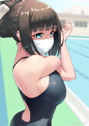 Rule 34 | 1girl, black one-piece swimsuit, blue eyes, blue sky, blurry, breasts, brown hair, commentary request, competition swimsuit, day, depth of field, folded ponytail, gridman universe, hands up, hassu, highres, jonsun, large breasts, mask, mouth mask, one-piece swimsuit, outdoors, pool, sideboob, sidelocks, sky, solo, ssss.gridman, stretching, surgical mask, swimsuit, twitter username, upper body