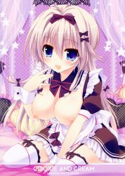 Rule 34 | 1girl, :d, absurdres, apron, blonde hair, blue eyes, bow, breasts, cleavage, detached collar, dress, garter straps, hair bow, hair intakes, highres, large breasts, maid, maid apron, maid headdress, nipples, open mouth, puffy nipples, sitting, smile, solo, thighhighs, white thighhighs, wrist cuffs, yokozuwari
