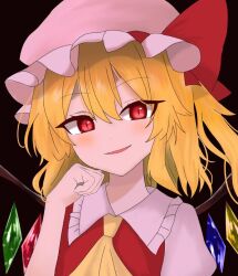 Rule 34 | 1girl, :d, ascot, blonde hair, blush, brown background, crystal, dark background, dot nose, eyes visible through hair, fingernails, flandre scarlet, frilled shirt collar, frills, hair between eyes, hand up, hat, medium hair, mob cap, nara (gsx250r anzio), open mouth, parted lips, red eyes, red vest, simple background, slit pupils, smile, solo, touhou, upper body, vest, wings, yellow ascot