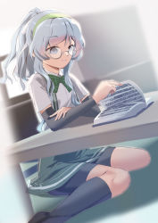 Rule 34 | 1girl, alternate hairstyle, arm warmers, bespectacled, bike shorts, book, bow, bowtie, collared shirt, glasses, green bow, green hairband, grey eyes, hair ornament, hairband, highres, indoors, kantai collection, kneehighs, loafers, long hair, metadio, open book, pleated skirt, ponytail, reading, shirt, shoes, short sleeves, sitting, skirt, socks, solo, suspenders, table, tatami, wavy hair, white shirt, yamagumo (kancolle)