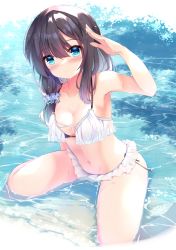 Rule 34 | 1girl, arm up, bare arms, bare shoulders, bikini, black hair, blue eyes, blue scrunchie, blush, breasts, cleavage, closed mouth, commentary request, frilled bikini, frills, fuuna, hair between eyes, hair ornament, hair scrunchie, highres, long hair, looking at viewer, medium breasts, navel, original, scrunchie, shallow water, smile, solo, swimsuit, water, wet, white bikini