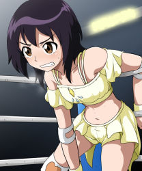 Rule 34 | 10s, 1girl, bare shoulders, bioroid hei, black hair, boots, brown eyes, commentary, elbow pads, midriff, no mask, solo, spring tiger, sweat, takaoka haruna, tiger mask (series), tiger mask w, wrestling outfit, wrestling ring