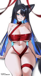 1girl animal_ears blue_eyes blue_hair blush breasts cleavage colored_inner_hair commentary english_commentary highres large_breasts long_hair multicolored_hair naked_ribbon narrow_waist original red_ribbon reiko_(tofuubear) ribbon simple_background smile solo thighs tofuubear white_background