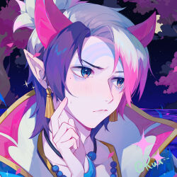 Rule 34 | 1boy, absurdres, aphelios, asymmetrical horns, blue eyes, blush, closed mouth, collarbone, crescent, crescent necklace, earrings, full moon, hand up, highres, horns, jewelry, league of legends, moon, necklace, night, outdoors, pale skin, pink hair, pointy ears, purple hair, ruan chen yue, short hair, solo, spirit blossom aphelios, tree, uneven horns, water, white hair