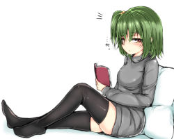 Rule 34 | 1girl, arufu, bad id, bad pixiv id, black thighhighs, book, brown eyes, dress, green hair, hair bobbles, hair ornament, legs, looking at viewer, original, pillow, short hair, side ponytail, simple background, solo, sweater, sweater dress, thighhighs, thighs, translation request, white background