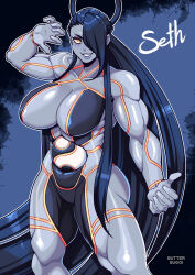 Rule 34 | absurdly long hair, artist name, black hair, breasts, butter sugoi, character name, colored skin, commentary, english commentary, eyebrows hidden by hair, female seth (street fighter), grey skin, hair over one eye, highres, large breasts, long hair, metal skin, muscular, muscular female, orange eyes, orb, parted lips, single hair ring, smile, street fighter, street fighter v, thick thighs, thighs, v-shaped eyebrows, very long hair, yin yang, yin yang orb
