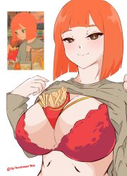 Rule 34 | 1girl, absurdres, alternate breast size, between breasts, blunt bangs, bra, breasts, bright pupils, brown eyes, brown sweater, closed mouth, clothes lift, food, food between breasts, french fries, half-closed eyes, highres, large breasts, looking at viewer, mcdonald&#039;s, mother (yoru mac), mother (yoru mac), orange hair, red bra, redeadman100, reference inset, short hair, smile, solo, sweater, sweater lift, twitter username, underwear, upper body, white background, white pupils, yoru mac