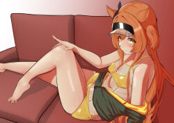 Rule 34 | 1girl, absurdres, alternate costume, animal ears, barefoot, bikini, blush, breasts, cleavage, closed mouth, commentary request, couch, gradient background, green jacket, hand on own knee, highres, horse ears, horse girl, horse tail, jacket, jacket partially removed, mayano top gun (umamusume), on couch, orange hair, small breasts, smile, solo, swimsuit, tail, tatsu san, toes, two side up, umamusume, visor cap, yellow bikini
