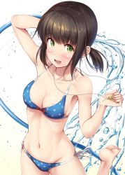Rule 34 | 10s, 1girl, :d, absurdres, areola slip, arm up, bare legs, barefoot, bikini, blue bikini, blush, breasts, brown hair, cleavage, collarbone, artistic error, fingernails, fubuki (kancolle), green eyes, highres, hose, ichikawa feesu, jewelry, kantai collection, leg up, medium breasts, navel, necklace, open mouth, polka dot, polka dot bikini, ribs, short hair, short ponytail, side-tie bikini bottom, smile, solo, stomach, swimsuit, water, water drop, whistle, wrong foot