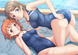 2girls, ahoge, all fours, blue eyes, commentary request, competition swimsuit, grey hair, highres, looking at viewer, love live!, love live! sunshine!!, lying, matching outfit, multiple girls, one-piece swimsuit, orange hair, parted lips, pool, poolside, red eyes, short hair, swimsuit, takami chika, tenpa (tenpa2190), watanabe you, water, wet