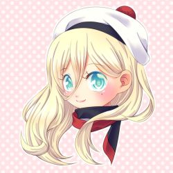 Rule 34 | 10s, beret, blonde hair, blue eyes, hair between eyes, hat, head only, kantai collection, long hair, mamiya aira, mole, mole under eye, pink background, richelieu (kancolle), scarf, smile, solo