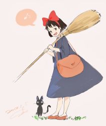 Rule 34 | 1girl, :d, bag, black cat, blue dress, blush stickers, bow, broom, brown hair, cat, commentary request, dated, dress, from side, hair bow, hairband, highres, holding, jiji (majo no takkyuubin), kiki (majo no takkyuubin), long sleeves, looking at viewer, looking to the side, majo no takkyuubin, musical note, open mouth, over shoulder, red bow, red footwear, sako (35s 00), shoes, short hair, shoulder bag, signature, smile, spoken musical note, standing, studio ghibli