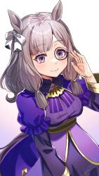 Rule 34 | 1girl, adjusting eyewear, animal ears, blunt tresses, blush, bow, breasts, character request, closed mouth, dress, gradient background, grey eyes, grey hair, hair bow, hand up, highres, horse ears, horse girl, horse tail, long hair, long sleeves, monocle, purple dress, shibuki kamone, signature, small breasts, smile, solo, tail, umamusume, upper body, watermark