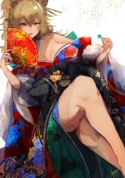Rule 34 | 1girl, absurdres, animal ears, arknights, blonde hair, breasts, crossed arms, hair between eyes, hand fan, highres, japanese clothes, kimono, large breasts, lion ears, long hair, looking at viewer, off shoulder, oiran, paper fan, parted lips, siege (arknights), smile, solo, thighs, tomochi (tmc tmc8)