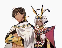 Rule 34 | 1boy, 1girl, ahoge, animal ears, ankh, antenna hair, armlet, bandages, belly chain, black bandages, black gloves, black hair, black shirt, bracelet, bracer, breasts, brown hair, cape, center opening, closed eyes, colored inner hair, cropped shirt, crossed arms, dark-skinned female, dark-skinned male, dark skin, dress, earrings, facepaint, facial mark, fate/grand order, fate/prototype, fate/prototype: fragments of blue and silver, fate (series), gloves, hairband, headpat, highres, hoop earrings, jackal ears, jewelry, looking to the side, medium breasts, multicolored hair, nagamikaku, nitocris (fate), nitocris alter (fate), nitocris alter (second ascension) (fate), ozymandias (fate), red cape, shirt, short hair, sidelocks, smile, streaked hair, usekh collar, white cape, white dress, white hair, yellow eyes
