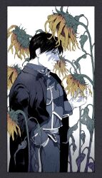Rule 34 | 1boy, aiguillette, amestris military uniform, black coat, black eyes, black hair, border, buttons, closed mouth, coat, collared jacket, cowboy shot, cupping hand, double-breasted, film grain, fingernails, flower, from side, fullmetal alchemist, gradient background, grey background, grey border, half-closed eyes, hand in pocket, hand up, highres, jacket, leaf, looking down, male focus, military jacket, military uniform, muted color, no gloves, pale skin, pants, profile, roy mustang, sad, serious, shade, simple background, spot color, standing, sunflower, swept bangs, uniform, white background, wilted flower, withered, yellow flower, yuu (kotobana 0418)