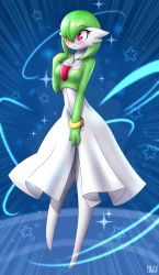 Rule 34 | 1girl, artist name, blue background, blush, bracelet, breasts, cleavage, collarbone, creatures (company), emphasis lines, full body, game freak, gardevoir, gen 3 pokemon, green hair, hair over one eye, hand up, jewelry, knees together feet apart, lock, looking to the side, medium breasts, necklace, nintendo, padlock, pink eyes, pokemon, pokemon (creature), pokemon rse, rilex lenov, short hair, simple background, solo, standing, text focus, wavy mouth, whistle