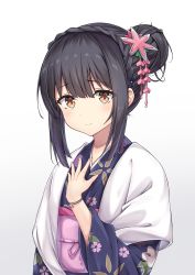Rule 34 | 1girl, absurdres, arata (xin), black hair, blush, breasts, commentary request, fate/grand order, fate/kaleid liner prisma illya, fate (series), hair between eyes, hair bun, hair ornament, hairclip, hand on own chest, highres, japanese clothes, kimono, long hair, looking at viewer, miyu edelfelt, simple background, single hair bun, small breasts, smile, solo, star (symbol), star hair ornament, upper body, white background