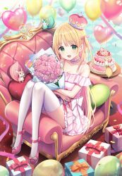Rule 34 | 1girl, :d, animal, balloon, bare shoulders, box, breasts, cake, cleavage, collarbone, commentary request, crown, dress, flower, food, gift, gift box, hair ribbon, heart, heart balloon, heart-shaped pillow, highres, hugging object, ikoi momoa, knees up, long hair, looking at viewer, mini crown, off-shoulder dress, off shoulder, open mouth, pillow, pink dress, pink flower, pink footwear, pink ribbon, pink rose, propro production, ribbon, rose, shoes, sitting, small breasts, smile, solo, squirrel, thighhighs, tilted headwear, two side up, u rin, very long hair, virtual youtuber, white thighhighs