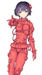 Rule 34 | 1girl, belt, black hair, bodysuit, breasts, commentary request, feet out of frame, highres, hoshijiro shizuka, large breasts, outstretched arm, parted lips, pilot suit, red belt, red bodysuit, science fiction, short hair, sidonia no kishi, solo, spacesuit, vuccha, white background