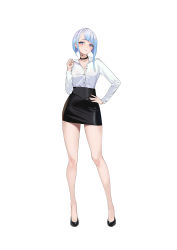 Rule 34 | 1girl, absurdres, bare legs, black choker, black footwear, black skirt, blue eyes, blue hair, breasts, choker, cleavage, closed mouth, collared shirt, cyberpunk (series), cyberpunk edgerunners, dress shirt, full body, hand on own hip, highres, long sleeves, looking at viewer, lucy (cyberpunk), medium breasts, office lady, pencil skirt, shirt, short hair, simple background, skirt, solo, standing, white background, white shirt, xiehosu nangong, xiehou nangong