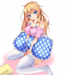 Rule 34 | 1girl, blonde hair, blue eyes, blush, breasts, cleavage, feet, female focus, highres, long hair, looking at viewer, no shoes, original, pillow, sitting, smile, solo, thighhighs, white thighhighs, yahiro (anhnw)