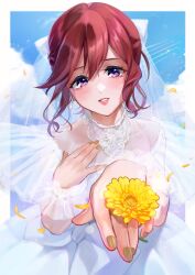 Rule 34 | 1girl, aoi rokushou, blush, border, bow, bridal veil, brown nails, cloud, contrail, dress, earrings, floating hair, flower, flower ring, foreshortening, hair bow, hand on own chest, head tilt, highres, jewelry, kaname buccaneer, looking at viewer, macross, macross delta, outside border, parted lips, purple eyes, ring, sky, smile, solo, veil, wedding dress, white border, white bow, yellow flower