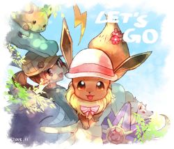Rule 34 | 1girl, :d, aerodactyl, baseball cap, brown eyes, brown hair, brown headwear, chinese clothes, clothed pokemon, commentary request, copyright name, creatures (company), dated, day, eevee, elaine (pokemon), game freak, gen 1 pokemon, gengar, hat, huan li, looking at viewer, looking back, ninetales, nintendo, open mouth, outdoors, pokemon, pokemon (creature), pokemon lgpe, raichu, shirt, sky, smile, starmie, tongue, white headwear