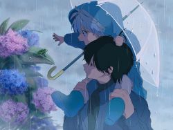 Rule 34 | 2boys, :d, black hair, boots, brothers, carrying, child, flower, frog, highres, hunter x hunter, hydrangea, illumi zoldyck, jacket, killua zoldyck, long sleeves, male focus, multiple boys, open mouth, outdoors, outstretched arm, piggyback, rain, raincoat, short hair, siblings, smile, thicopoyo, transparent, transparent umbrella, umbrella, water drop, white hair
