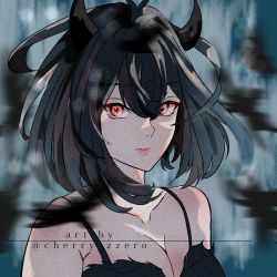 Rule 34 | artist name, black clover, black hair, blurry, blurry background, bob cut, breasts, highres, horns, nero (black clover), pale skin, red eyes, secre swallowtail, signature, tank top, twitter username, wind