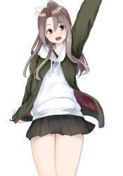 Rule 34 | 1girl, arm up, black skirt, brown eyes, brown hair, casual, commentary, drawstring, grey jacket, hair ribbon, highres, hood, hood down, hoodie, jacket, kantai collection, long hair, long sleeves, looking at viewer, miniskirt, open clothes, open jacket, open mouth, parted bangs, ponytail, ribbon, shirt, simple background, skirt, smile, solo, standing, white background, white ribbon, white shirt, zarashi, zuihou (kancolle)